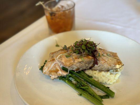 Grilled Salmon Dinner with mushroom risotto and asparagus. Along with a $5 old fashioned at lunch (11a-3p)