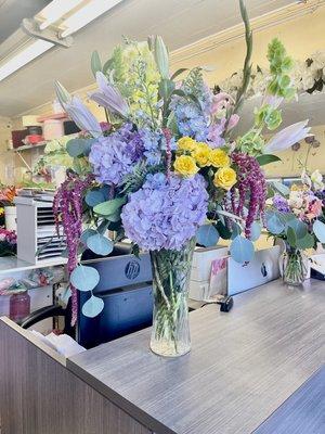 Custom Arrangement - Hydrangea, Hybrid Delphinium, Lilies, Roses