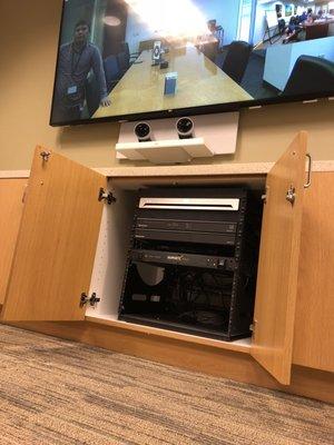 Cisco video conferencing cameras, component rack, and 70" flat panel TV