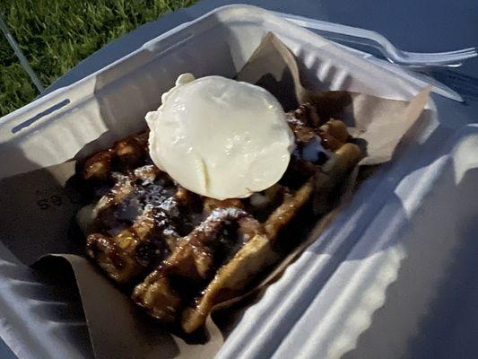 Cinnamon Bun Waffle with ice cream