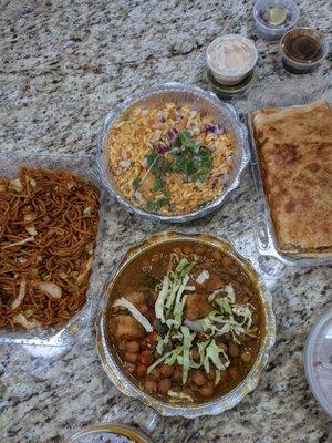 Veg hakka noodles (left), bhel Puri(top), Mysore masala dosa, samosa chole (bottom)