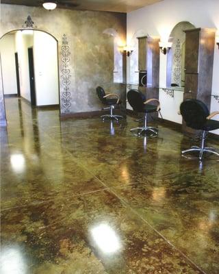 Beautiful hair salon floor done with several Triple- S Concrete Acid Stain colors.