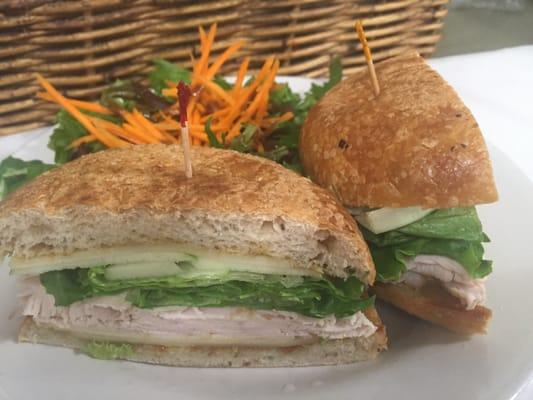 New Englander on Grilled Focaccia- Roast Turkey, Vermont Cheddar, Green Apple and Honey Mustard