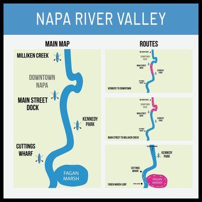 Map of the Napa River and our 3 routes/launch locations.  
 Downtown, Kennedy Park & Fagan Marsh