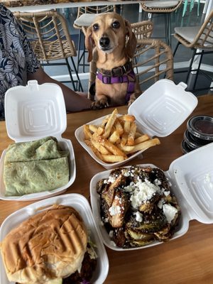 Nashville hot chicken sandwich, shrimp PO boy, Parmesan truffle fries and Brussels sprouts