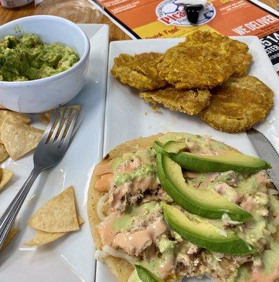 Fried Plantains, chicken arepa, guacamole