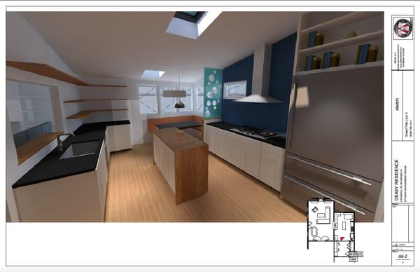 Computer rendering of kitchen remodel with a small addition bump out for family and friends eating area.