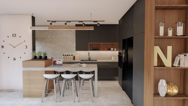 black modern kitchen with Combination  counter top and backslpash with Touching of walnut and A custom lighting fixture over the island.