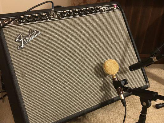 Our Twin Reverb amp mic'd with a Cascade Ribbon and Shure SM-57 to create a great balance of rock tone.