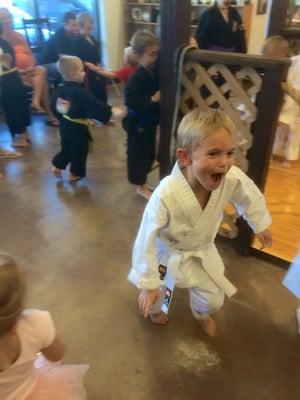 The joy of testing for and getting his white belt.