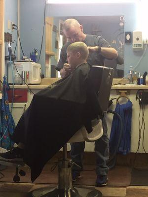 My boy's first hair cut by real barber. He loved it! It's the only way to go he says. Doug and Carrie are great!