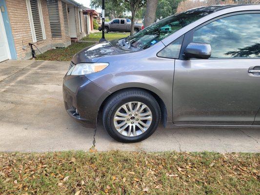 Here is the side of vehicle with mismatching paint on bumper that was replaced and original paint fender.