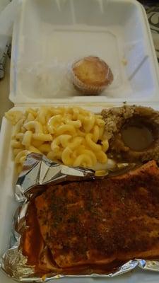 Salmon, mac & cheese, and dressing with gravy