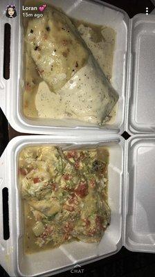 Left is breakfast burrito smothered 1/2 green chili 1/2 country gravy. Right is el Felipe. Also the el Loco is awesome.