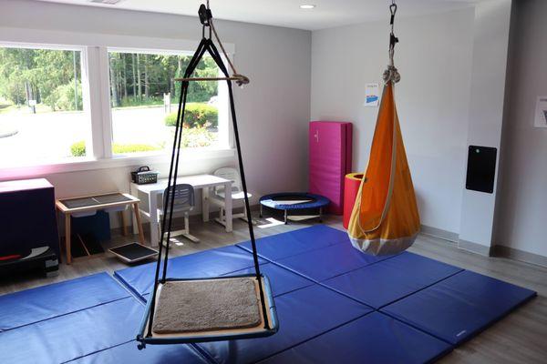 Our Sensory Gym.  Equipped with swings, ball pit, roller slide, rock wall, and more.