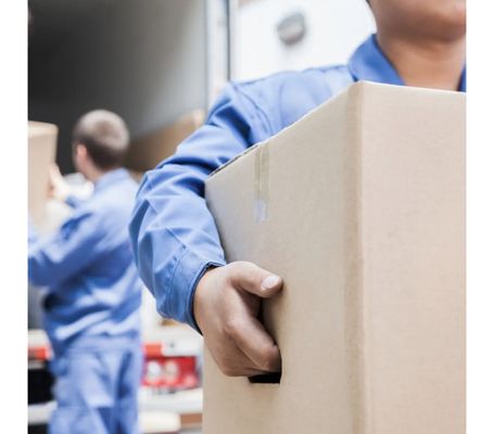 Movers carrying boxes into new house