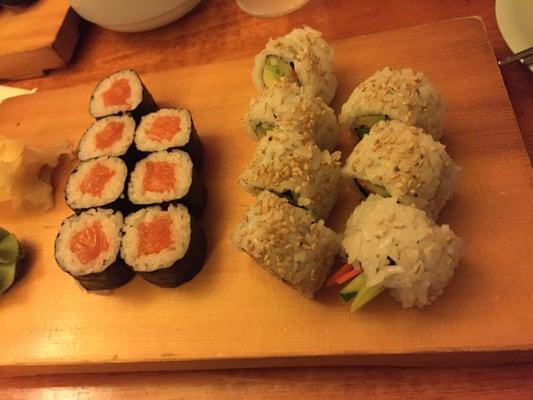 I always forget to take a picture before I start eating.. Salmon roll and a veggie roll. Keeping it simple but still fabulous!