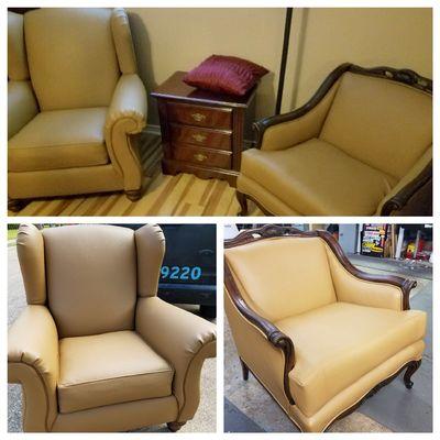 Reupholstered both fabric wing chair and antique chair to matching vinyl!