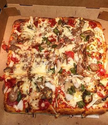 Bonbinos Special Sicilian Pie- sausage, meatballs, pepperoni, peppers, onions, mushrooms and extra cheese. Might kill you, but sooo good