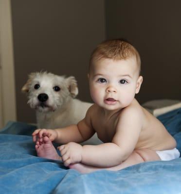 baby and his little puppy