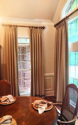 Pinch  Pleated drapes with 2.5" embroidered trim. Adding decorative trim is an easy way to add character to your custom window treatment