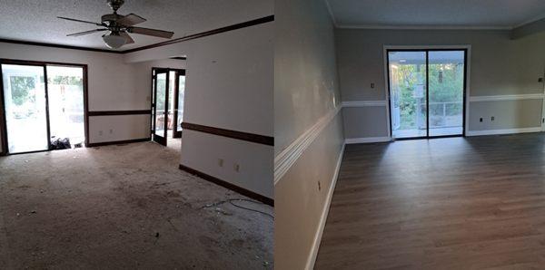 Before and after of a complete remodel.  Trash removal and wall repair along with painting and smell removal.