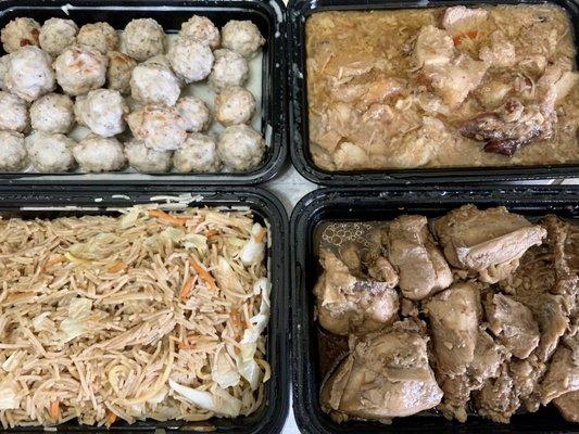 Spicy Meatballs in Coconut Milk, Lechon Paksiw, chicken adobo, Pancit (Rice noodles with vegetables).