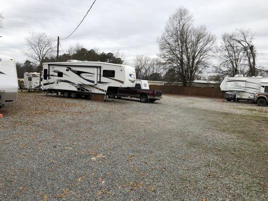 Gravel parking lot for short term stays.