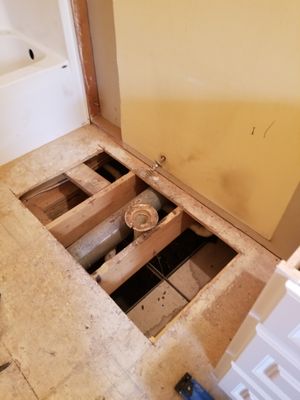 Well after we had everything out of the bathroom, we found dry rot under and around the toilet. Cut it out a simple replacement.