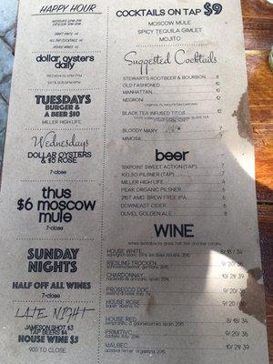 Happy hour and drink menu