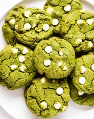 MATCHA WHITE CHOCOLATE MACADAMIA NUT COOKIE. A matcha green tea cookie with roasted Macadamia nuts and white chocolate chips.