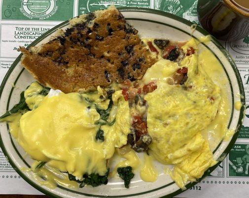 Florentine Benedict, Blueberry Pancake, Omelette with red peppers, onions, mushrooms, tomatoes, Mozzarella cheese.