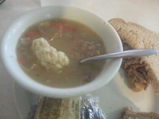 Delicious and 100% home made turkey dumpling soup...this was a cup! Roast beef sandwich served warm with CHUNKS of tender beef.