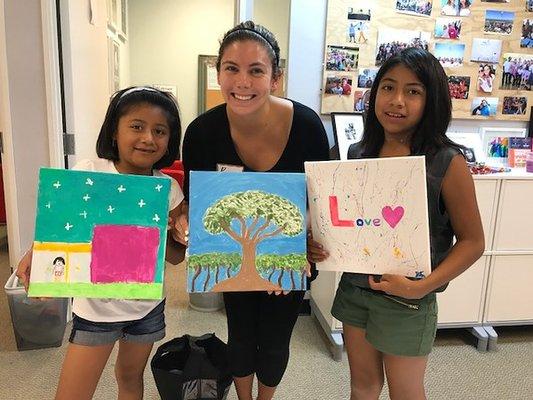 Walk With Sally mentor with her mentee and another mentee at a Heart to Home art healing session