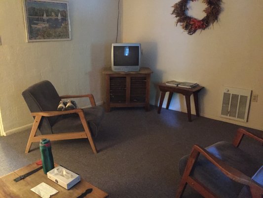 The ancient tv (no cable, no reception, 3 static-y channels), and the living room of the "suite"