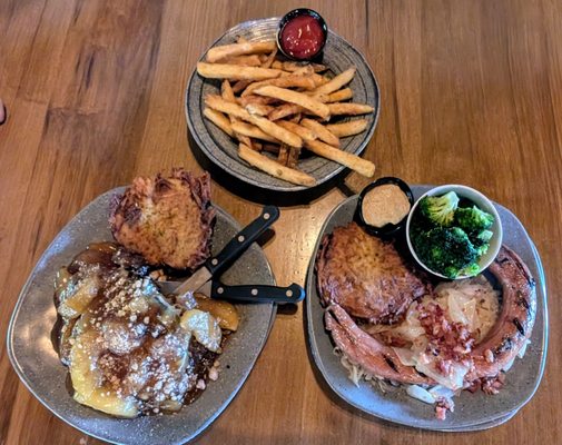 Mett and Kraut with a side of broccoli, Bavarian Pork Chop with a side of fries