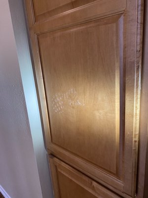 This cabinet door was leaned up against the wall at the time, but painters threw it on the ground and then stepped on it.