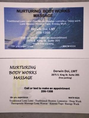 Business cards for Nurturing Body Works Massage