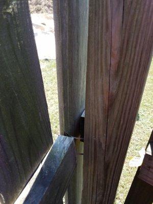 Shows where 2x4 are pulling from 4x4s and how the 2x4 aren't staggered to strengthen fence.