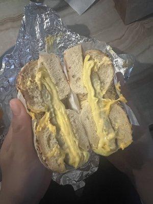 2 Eggs on a Roll sub for everything bagel ($0.60), add cheese ($0.50), and sausage ($1.50) total $6.35 before tax