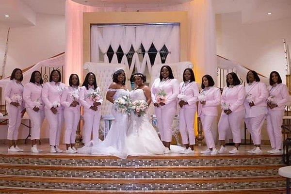 Custom bridesmaid tuxedos and wedding dresses