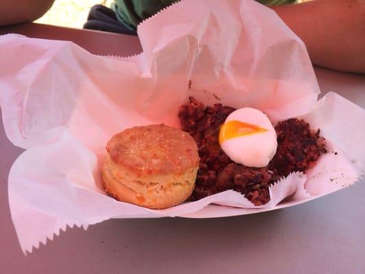 Corned beef hash with a poached egg and cheddar biscuit