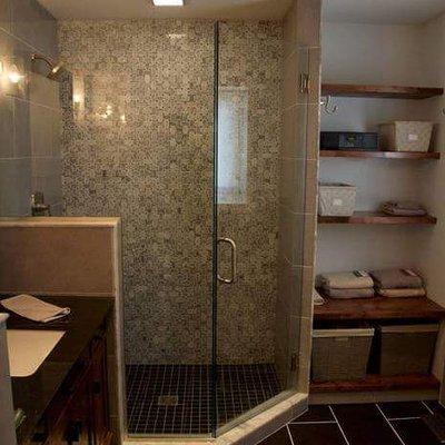 Bathroom remodel using basket weave tile in the shower.