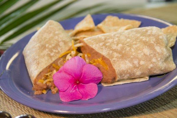 Kids Keiki Bean Burrito Meal served with choice of drink and churros!