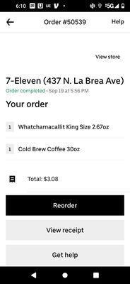 Receipt for two items. Refused to fill order.