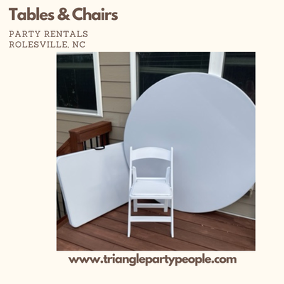 Folding tables, white resin folding chairs, round tables for rent in Raleigh area