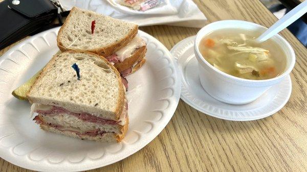 #1 Triple Decker-Corned Beef, Pastrami, Swiss, Cole Slaw & Russian Dressing & Matzo Ball Soup