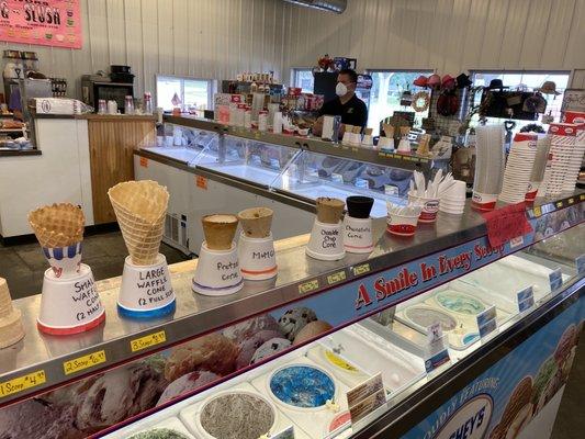 A gajillion flavors and styles of ice cream, and lots of choices for cups and cones.