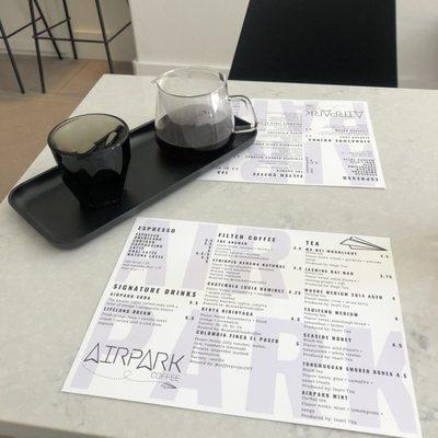 Airpark Coffee:  Menu with Columbia Finca El Paseo filtered coffee (20 Jun 2021)