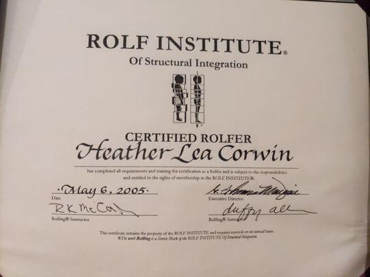 Dr. Corwin's Rolfing Certificate, awarded May 6, 2005